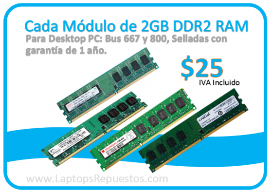 MEMORIA RAM DE 2GB DDR2 BUSES 667/800 PARA DESKTOP PC SELLADAS