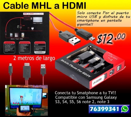 Cable HDMI para celular MHL Mira tu celular en pantalla gigante!! / HDMI a Micro y mini HDMI / DVI / VGA / HDMI 5 metros
